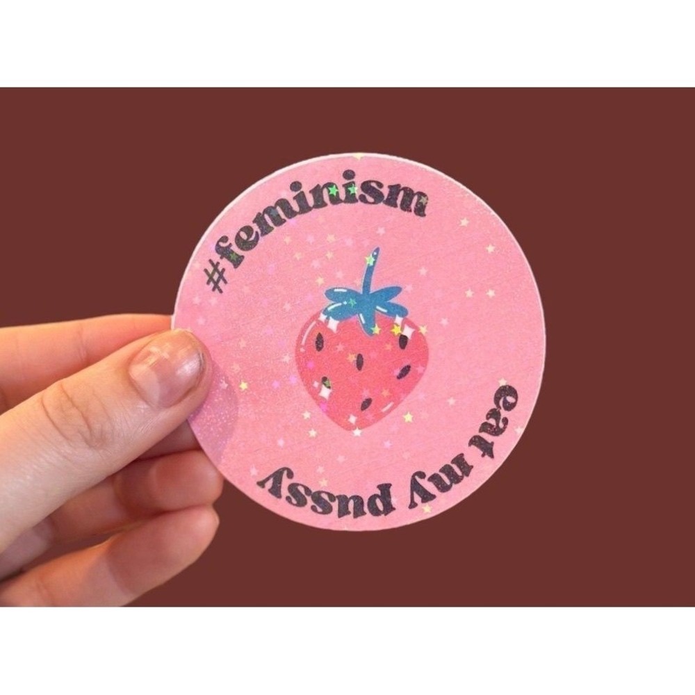 Feminism Strawberry Glitter Sticker Pink Holographic Star Decal Round